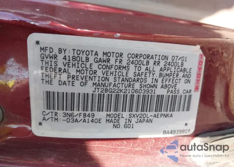 2001 Toyota Camry Le из США, поврежденный, VIN JT2BG22K210603931